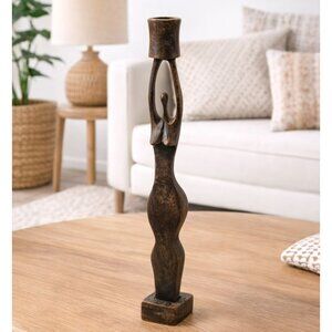 Hand-Carved Wooden Abstract Female Candle Holder 12" Tall Vintage African-Inspir